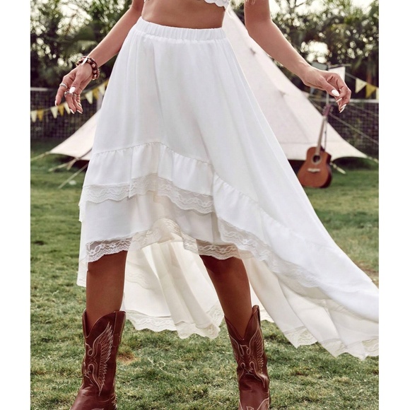 Boho White lace High low Stretchy Waist Maxi Skirt - Picture 1 of 10